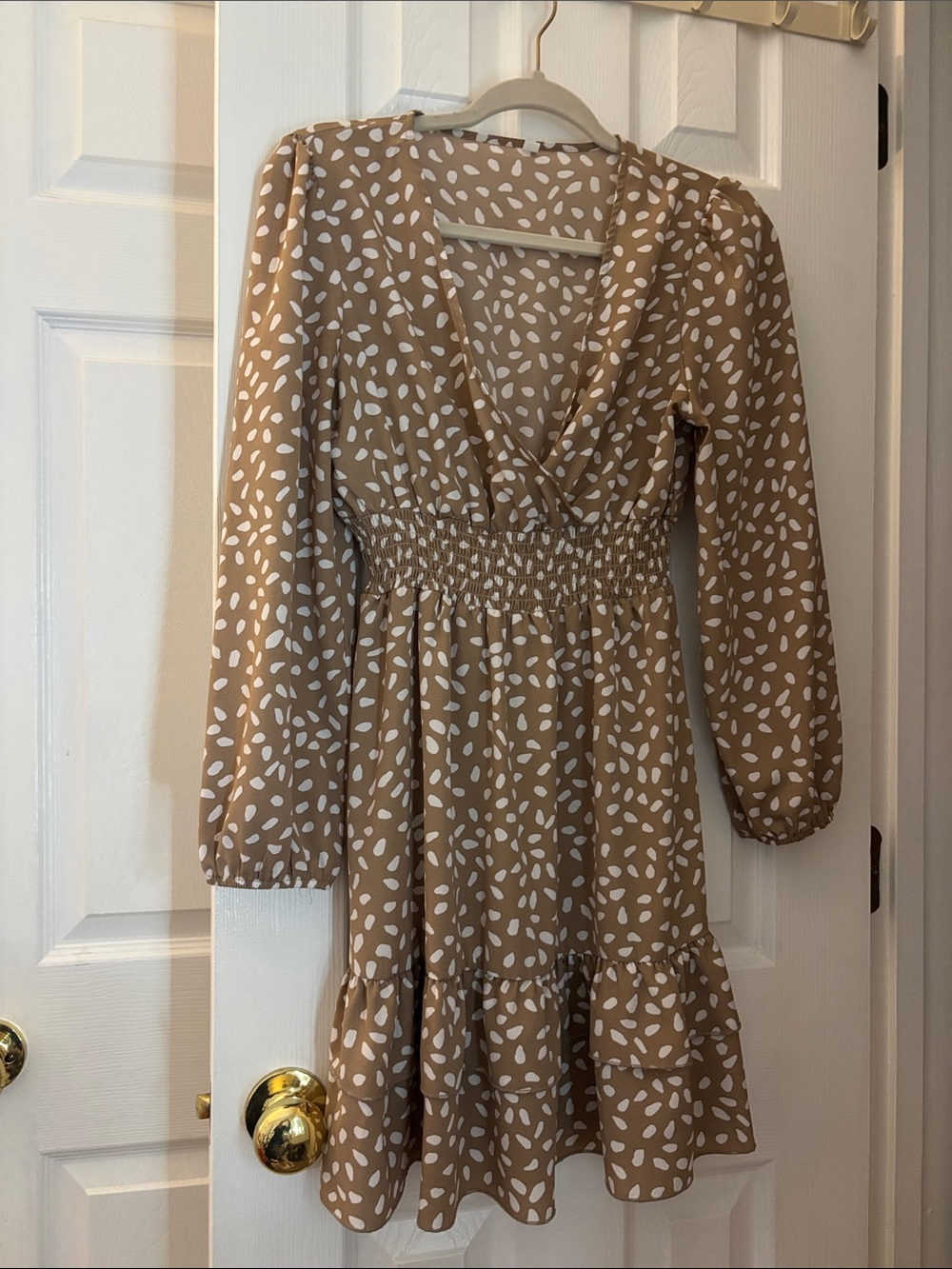 Rust Polka Dot Smocked Waist Long Sleeve Dress
